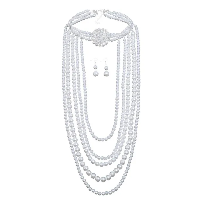 Yellow Chimes Latest Fashion White Crystal Pearls Royal Style MultiLayer Long Pearl Choker Necklace Set With Earrings Jewellery Set for Women Girls Yellow Chimes Earrings