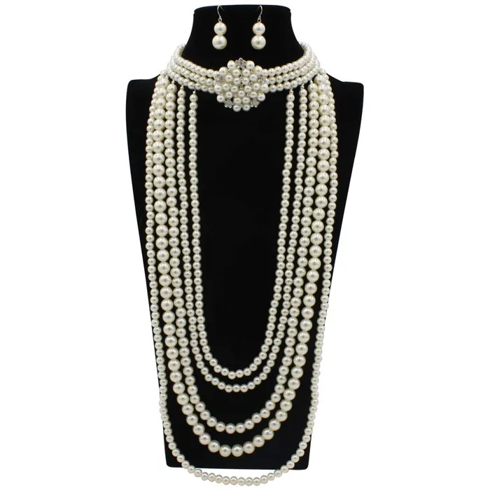 Yellow Chimes Latest Fashion White Crystal Pearls Royal Style MultiLayer Long Pearl Choker Necklace Set With Earrings Jewellery Set for Women Girls Yellow Chimes Earrings