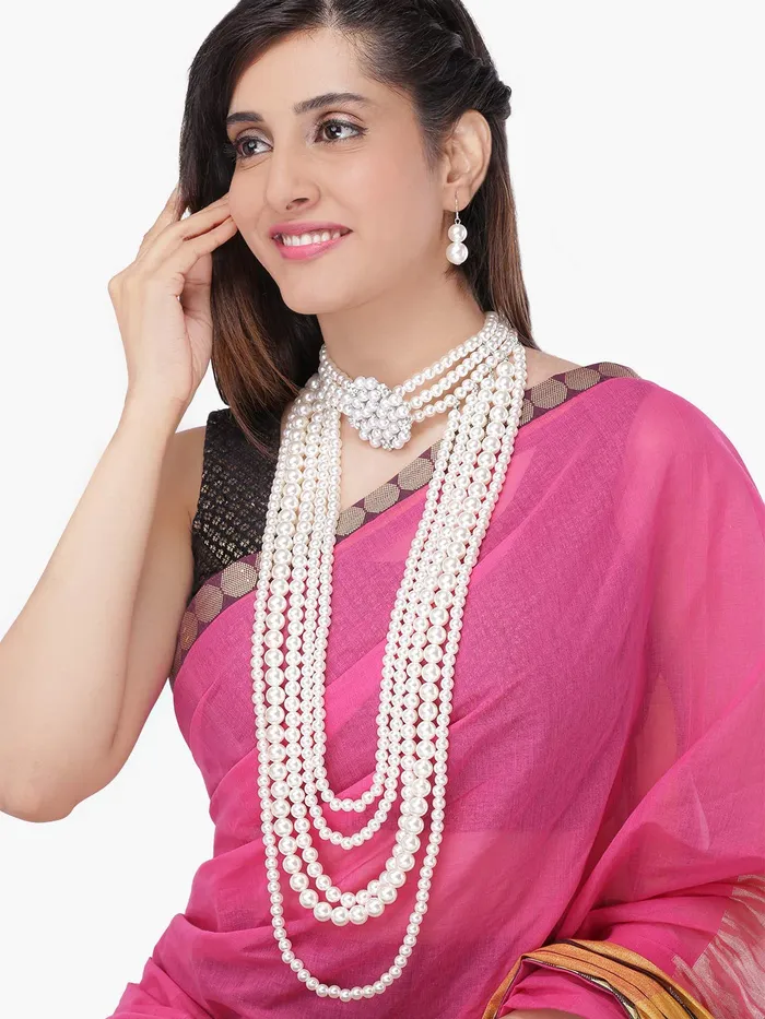 Yellow Chimes Latest Fashion White Crystal Pearls Royal Style MultiLayer Long Pearl Choker Necklace Set With Earrings Jewellery Set for Women Girls Yellow Chimes Earrings