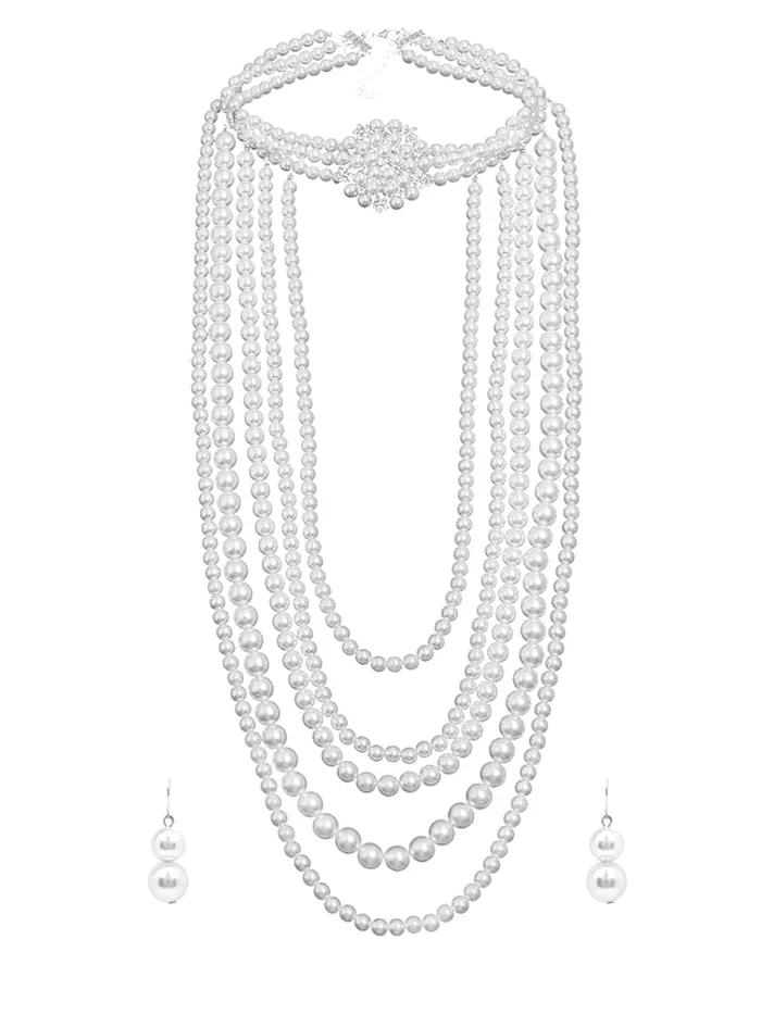 Yellow Chimes Latest Fashion White Crystal Pearls Royal Style MultiLayer Long Pearl Choker Necklace Set With Earrings Jewellery Set for Women Girls Yellow Chimes Earrings