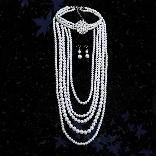 Yellow Chimes Latest Fashion White Crystal Pearls Royal Style MultiLayer Long Pearl Choker Necklace Set With Earrings Jewellery Set for Women Girls Yellow Chimes Earrings