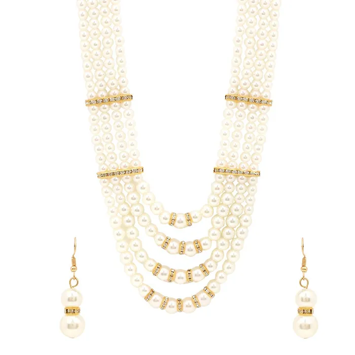 Yellow Chimes Latest Fashion White Pearl Royal Style Multilayer Necklace Set with Earrings and Bracelet for Women Girls Yellow Chimes Earrings