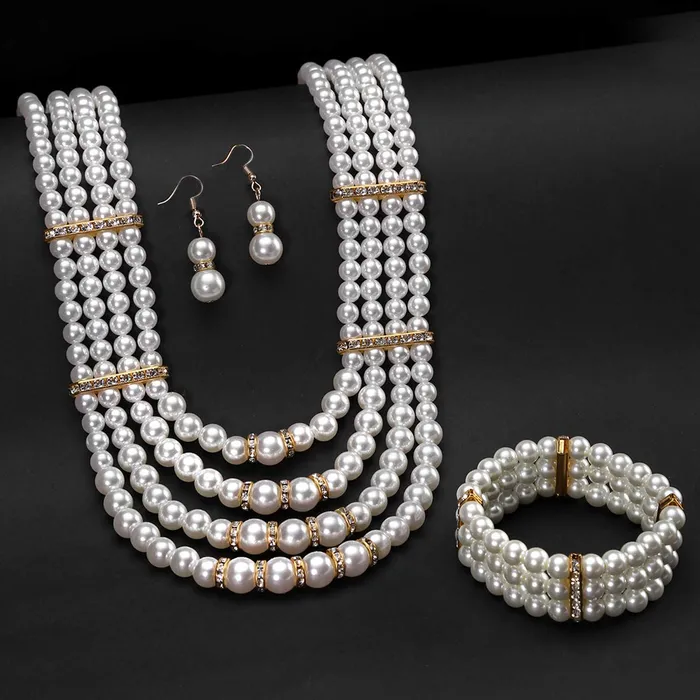 Yellow Chimes Latest Fashion White Pearl Royal Style Multilayer Necklace Set with Earrings and Bracelet for Women Girls Yellow Chimes Earrings