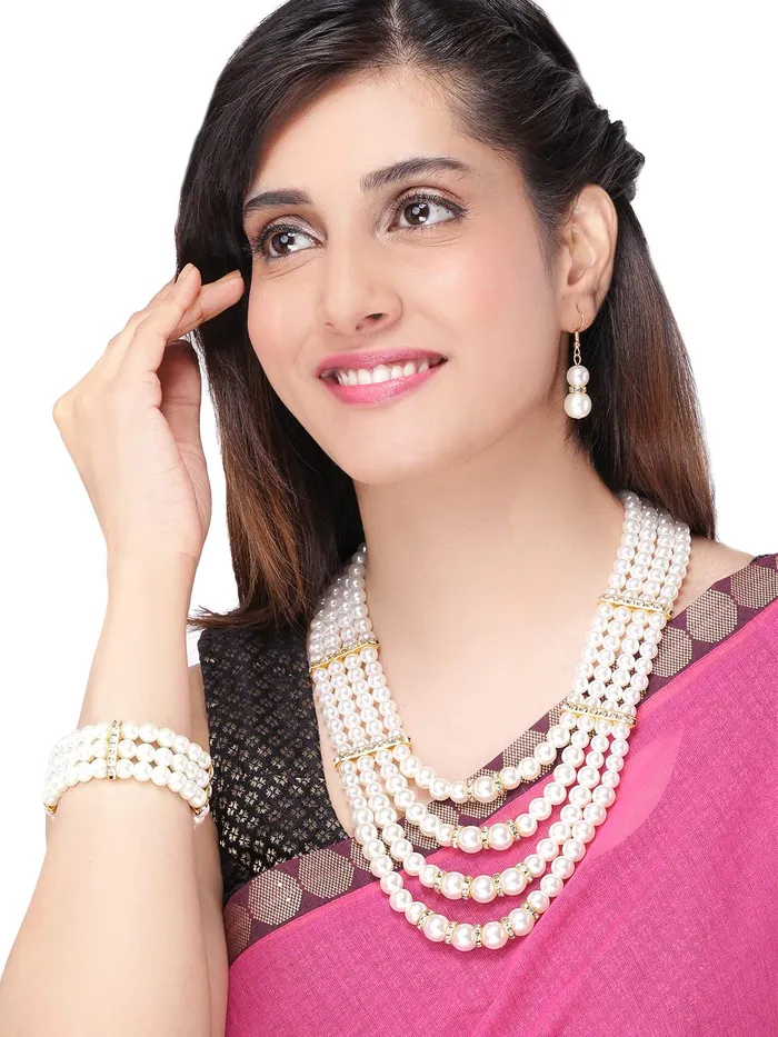 Yellow Chimes Latest Fashion White Pearl Royal Style Multilayer Necklace Set with Earrings and Bracelet for Women Girls Yellow Chimes Earrings