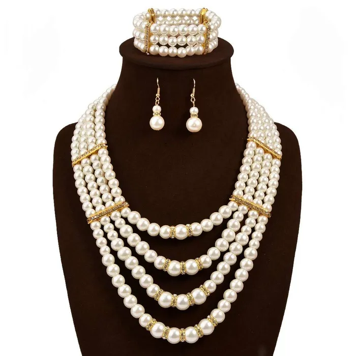 Yellow Chimes Latest Fashion White Pearl Royal Style Multilayer Necklace Set with Earrings and Bracelet for Women Girls Yellow Chimes Earrings