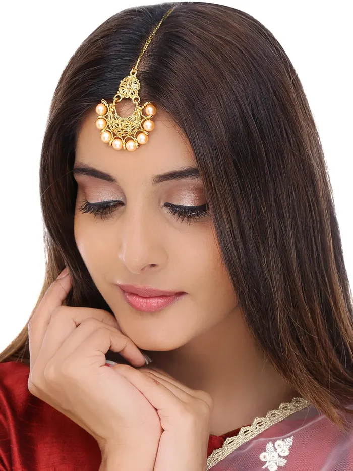Yellow Chimes Maang Tikka for Women 4 Pcs Traditional Gold Plated Mangtika Ethnic Traditional Maang Tikka for Women and Girls Yellow Chimes Necklaces