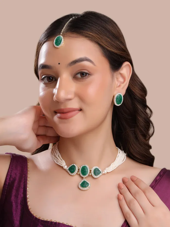 Yellow Chimes Mystic Grooves Collection Jewellery Set for Women Handcrafted Carved Stone Beads Choker Necklace Set Ethnic Green Choker Set for Girls Birthday Gift for Girls Women Yellow Chimes Necklaces