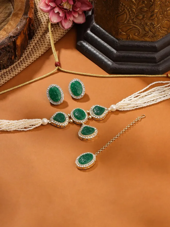 Yellow Chimes Mystic Grooves Collection Jewellery Set for Women Handcrafted Carved Stone Beads Choker Necklace Set Ethnic Green Choker Set for Girls Birthday Gift for Girls Women Yellow Chimes Necklaces