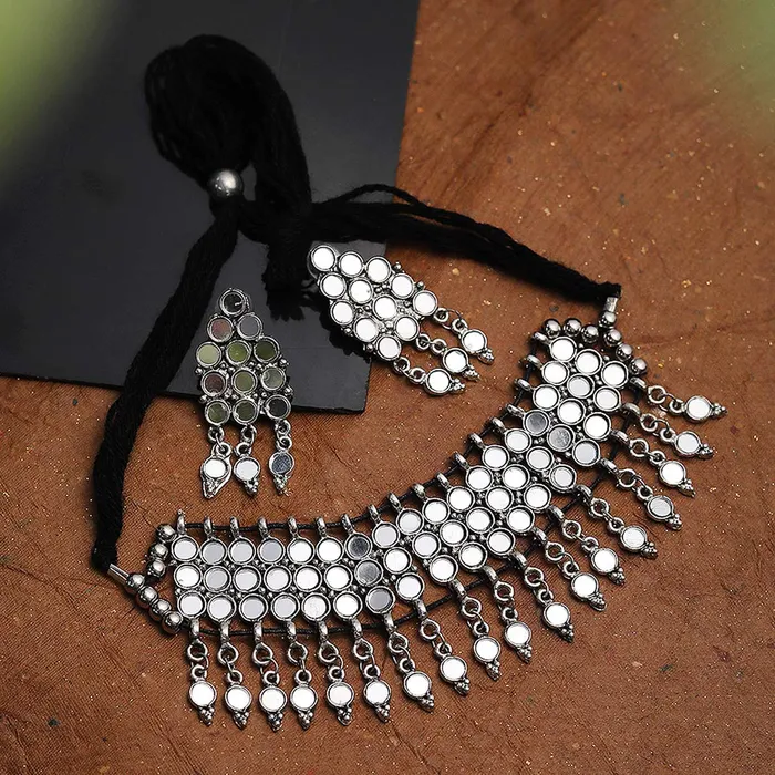 Yellow Chimes Navratra Special Choker Necklace Set Mirror Handmade by Artisans Silver Oxidised Dori Thread Antique Traditional Necklace Set with Earrings Jewellery sets for Women Girls Yellow Chimes Necklaces