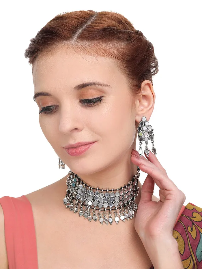 Yellow Chimes Navratra Special Choker Necklace Set Mirror Handmade by Artisans Silver Oxidised Dori Thread Antique Traditional Necklace Set with Earrings Jewellery sets for Women Girls Yellow Chimes Necklaces