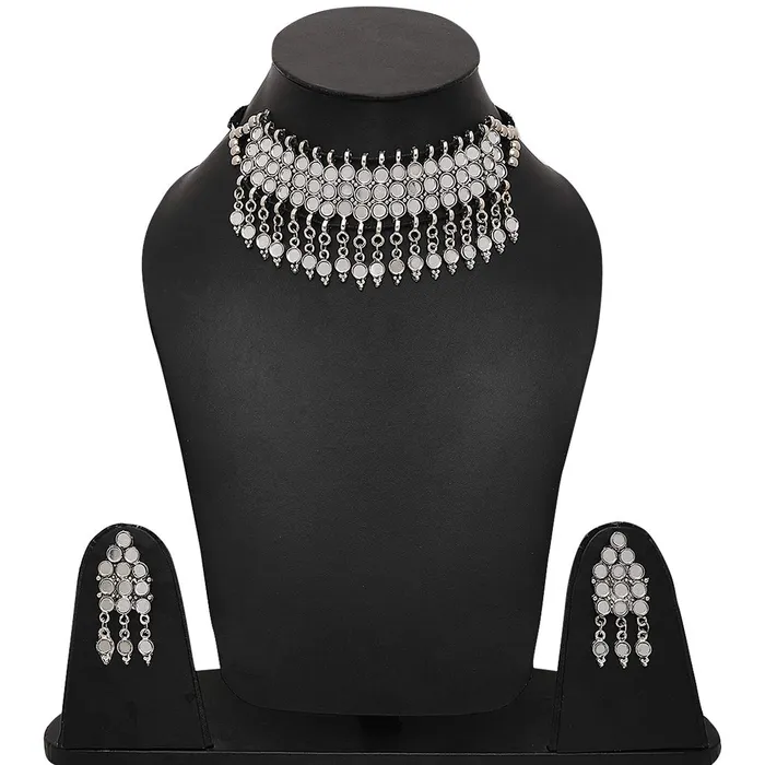 Yellow Chimes Navratra Special Choker Necklace Set Mirror Handmade by Artisans Silver Oxidised Dori Thread Antique Traditional Necklace Set with Earrings Jewellery sets for Women Girls Yellow Chimes Necklaces