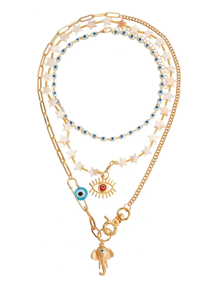 Yellow Chimes Necklace For Women Mixed Layered Chunky Gold Toned With Evil Eye Elephant Charm Beaded Star studded Neckchain For Women and Girls Yellow Chimes Earrings