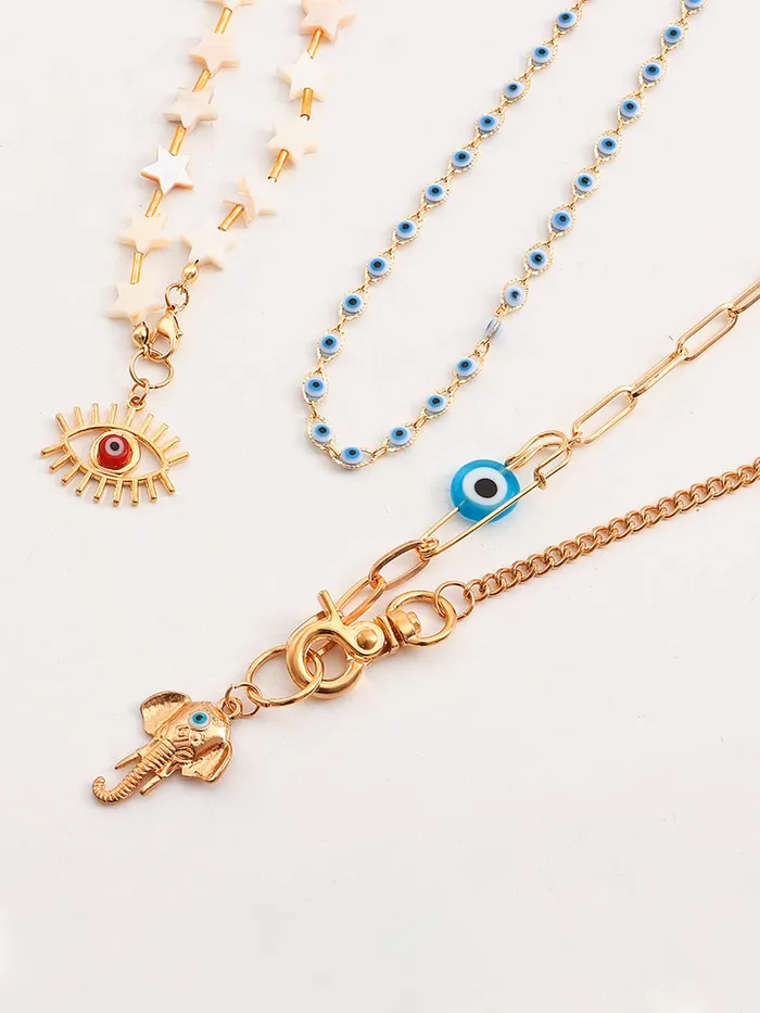 Yellow Chimes Necklace For Women Mixed Layered Chunky Gold Toned With Evil Eye Elephant Charm Beaded Star studded Neckchain For Women and Girls Yellow Chimes Earrings