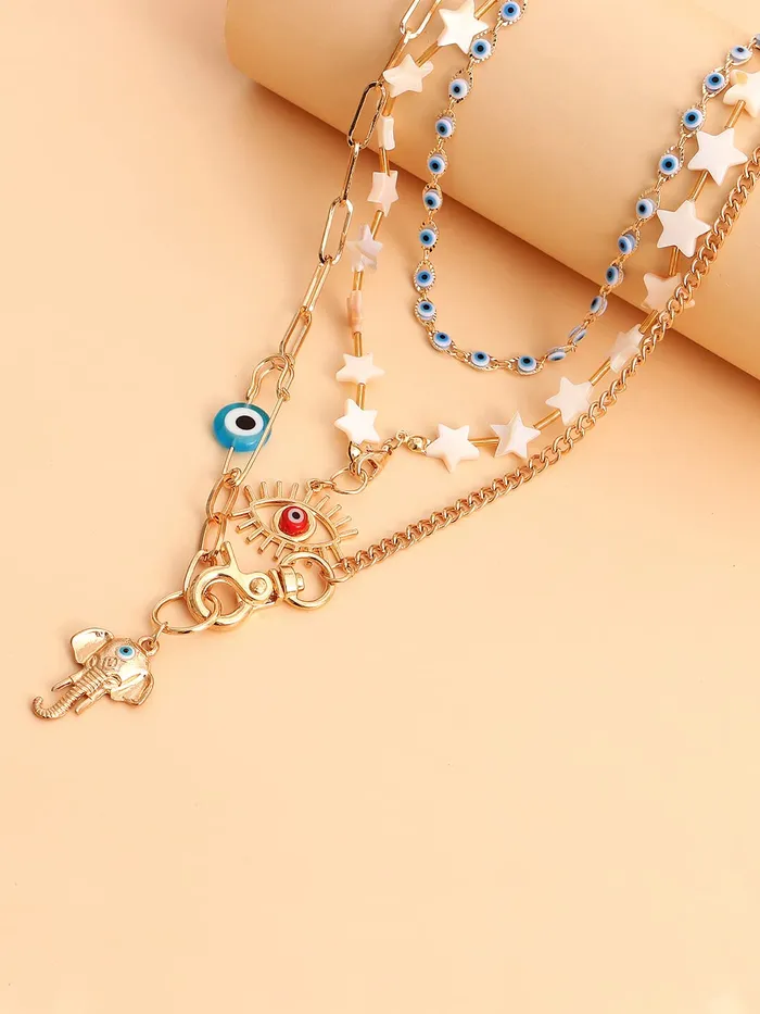 Yellow Chimes Necklace For Women Mixed Layered Chunky Gold Toned With Evil Eye Elephant Charm Beaded Star studded Neckchain For Women and Girls Yellow Chimes Earrings