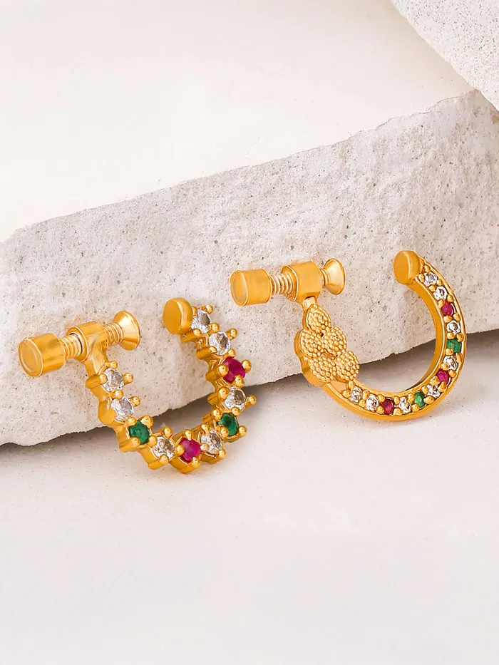 Yellow Chimes Necklaces Combo of 2 Traditional Golden AD Nose Pins with Multicolor Stones NonPiercing 25cm Gold
