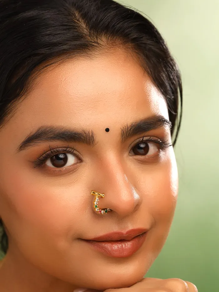 Yellow Chimes Necklaces Combo of 2 Traditional Golden AD Nose Pins with Multicolor Stones NonPiercing 25cm Gold