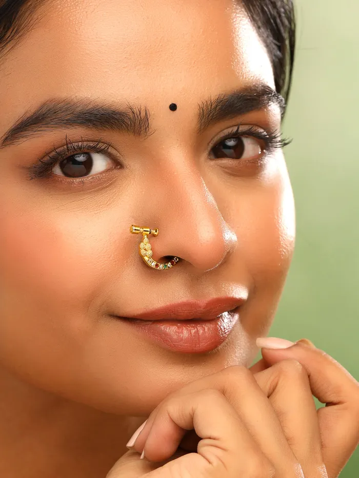 Yellow Chimes Necklaces Combo of 2 Traditional Golden AD Nose Pins with Multicolor Stones NonPiercing 25cm Gold