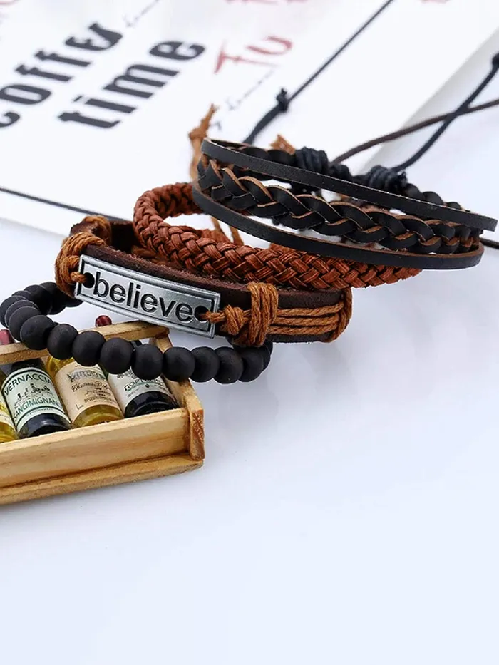 Yellow Chimes Necklaces Yellow Chimes 4pcs Inspirational Message Believe Unisex Multi Strand Bracelet for Men Brown Black YCFJBR106BELIVBR