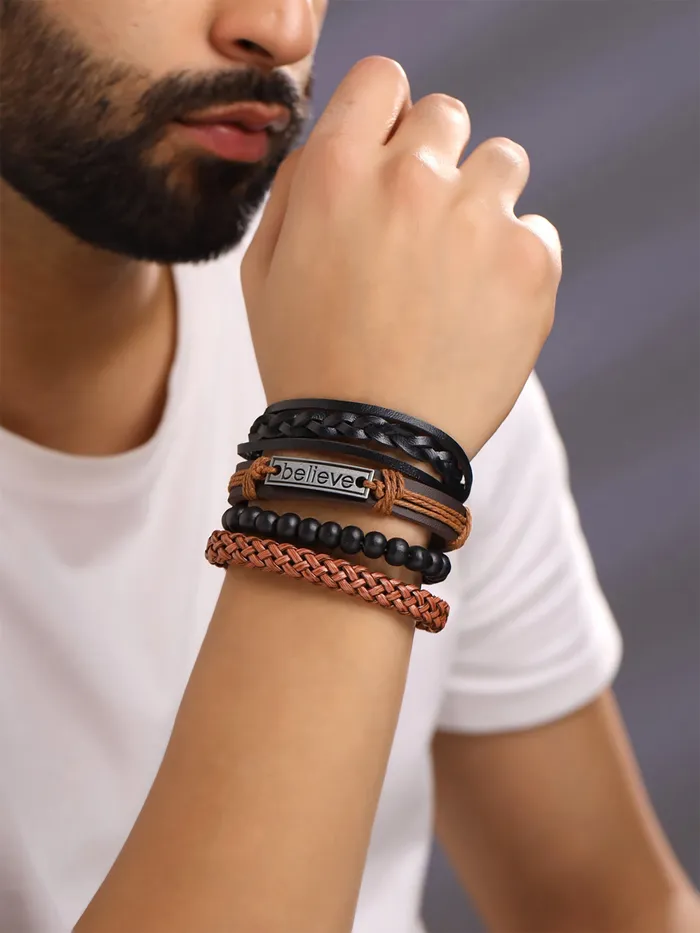 Yellow Chimes Necklaces Yellow Chimes 4pcs Inspirational Message Believe Unisex Multi Strand Bracelet for Men Brown Black YCFJBR106BELIVBR