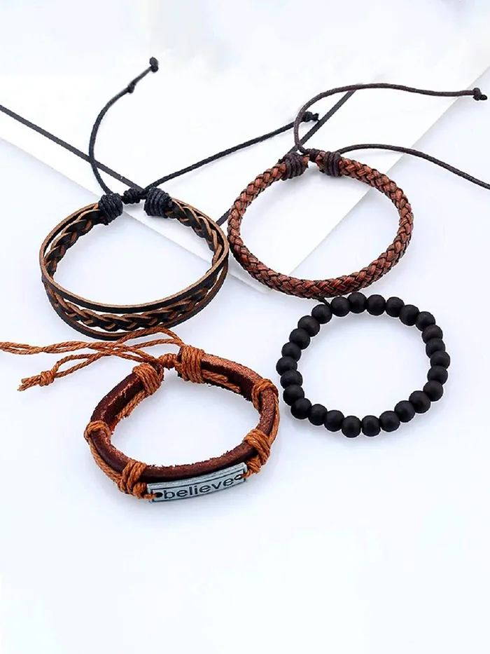 Yellow Chimes Necklaces Yellow Chimes 4pcs Inspirational Message Believe Unisex Multi Strand Bracelet for Men Brown Black YCFJBR106BELIVBR