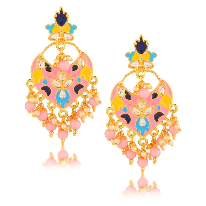 Yellow Chimes Necklaces Yellow Chimes Beautifully Enamelled Stylish Gold Plated Meenakari Chandbali Earrings for Women and Girls