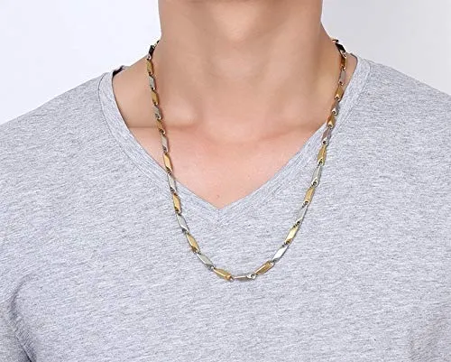 Yellow Chimes Necklaces Yellow Chimes Classic Stainless Steel Dual Toned Rice Chain Necklace by Yellow Chimes Silver Plated Chain for Men Silver Gold YCSSCH214RICEGLSL