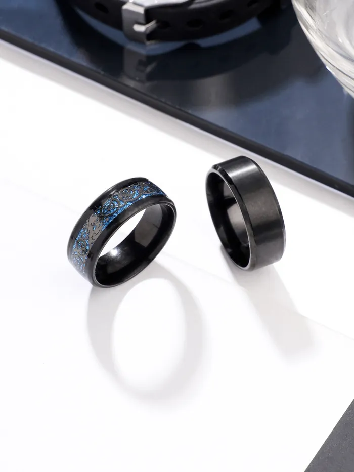 Yellow Chimes Necklaces Yellow Chimes Combo Black Blue Rings For Men Pack of 2 Stainless Steel Men Rings Dragon Celtic Design Black Silver Blue Finger Rings for Boys Ideal Gift For Men and Boys