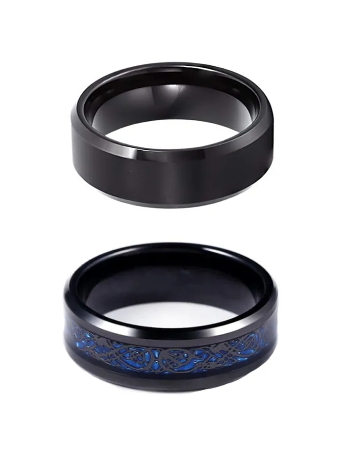 Yellow Chimes Necklaces Yellow Chimes Combo Black Blue Rings For Men Pack of 2 Stainless Steel Men Rings Dragon Celtic Design Black Silver Blue Finger Rings for Boys Ideal Gift For Men and Boys