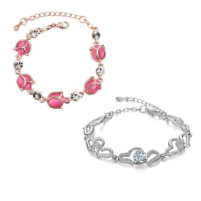 Yellow Chimes Necklaces Yellow Chimes Comob of Two PCs Heart Crystal Rose Gold Pink Opal Rose Buds Bracelet for Women and Girls Yellow Chimes Necklaces Yellow Chimes Comob of Two PCs Heart Crystal Rose Gold Pink Opal Rose Buds Bracelet for Women and Girls