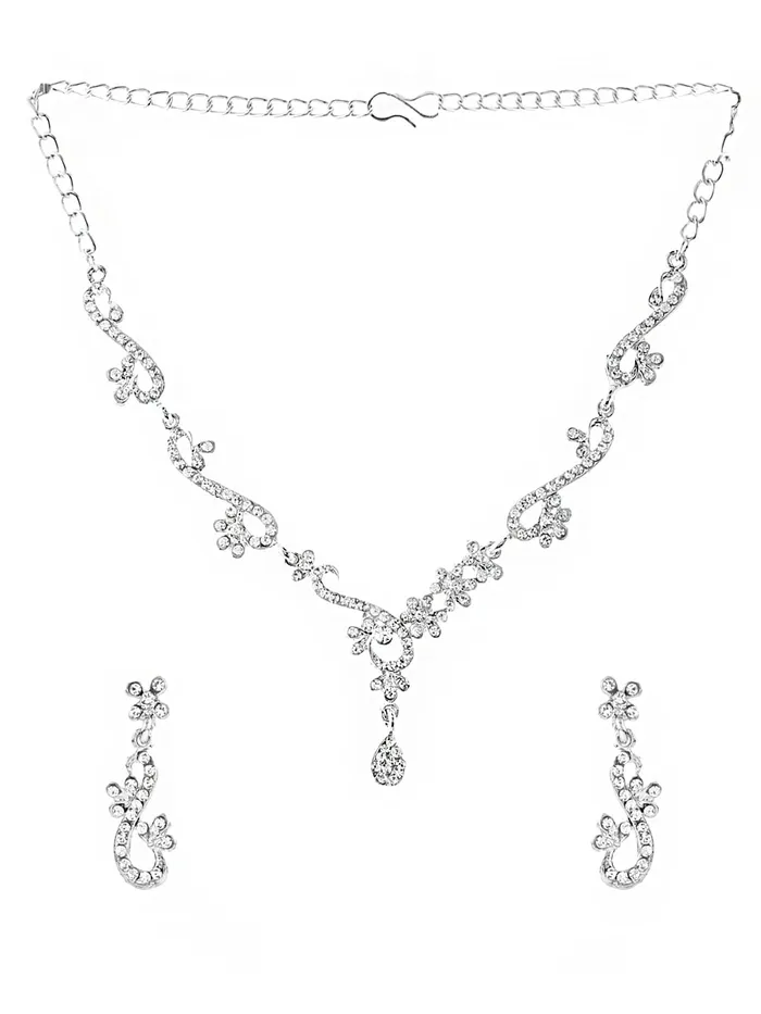 Yellow Chimes Necklaces Yellow Chimes Crystal Jewellery Set for Women Silver Plated White Crystal Studded Necklace Set For Women and Girls