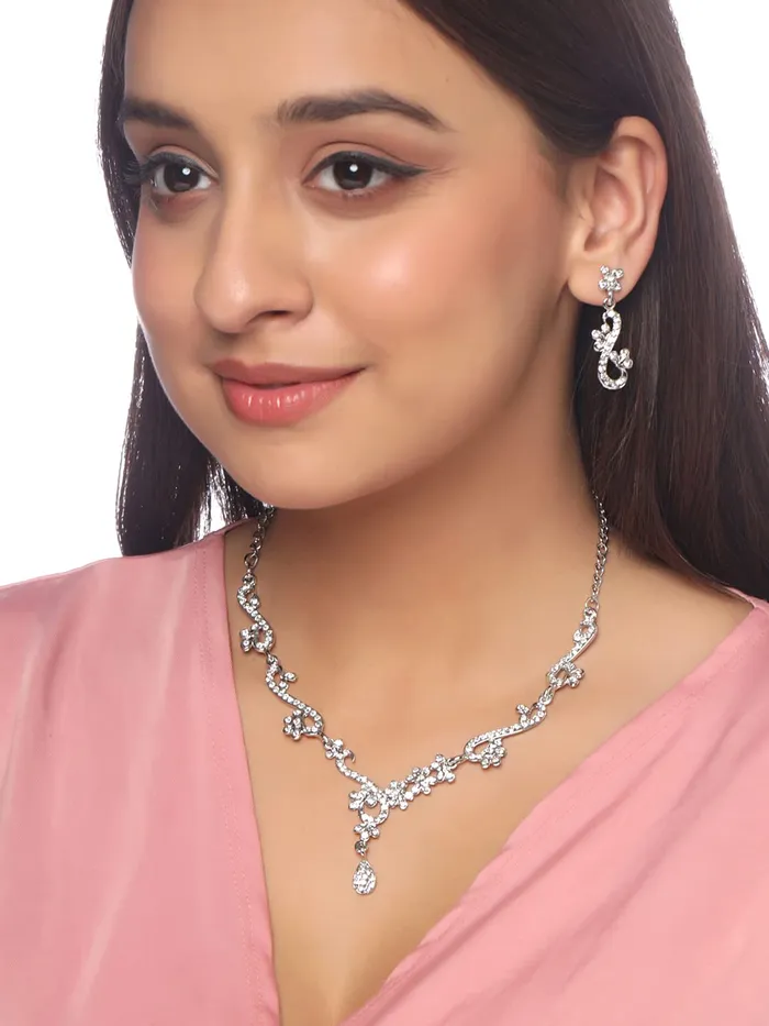 Yellow Chimes Necklaces Yellow Chimes Crystal Jewellery Set for Women Silver Plated White Crystal Studded Necklace Set For Women and Girls