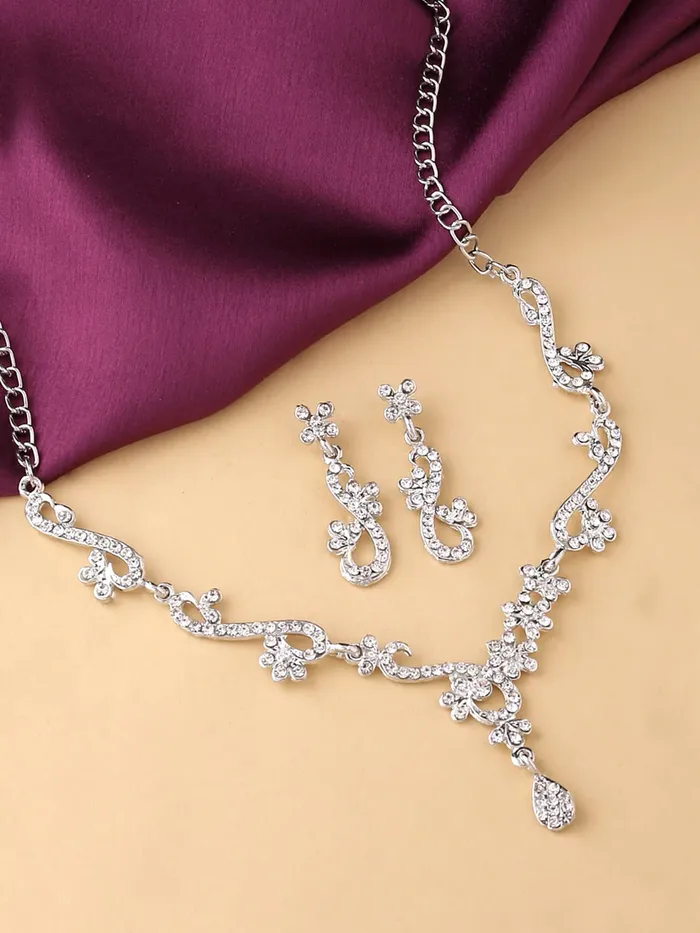 Yellow Chimes Necklaces Yellow Chimes Crystal Jewellery Set for Women Silver Plated White Crystal Studded Necklace Set For Women and Girls