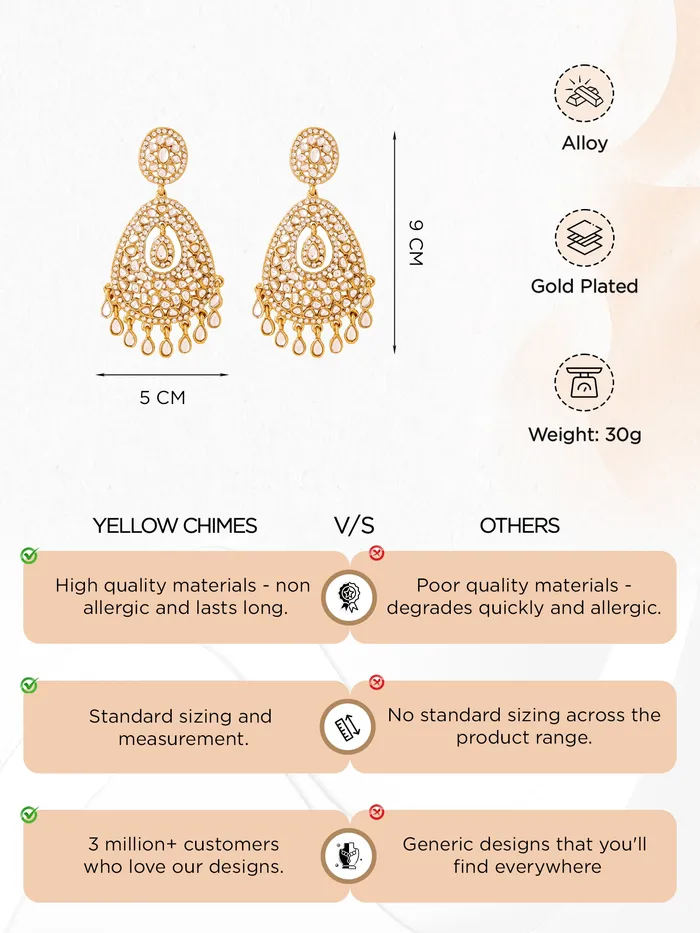 Yellow Chimes Necklaces Yellow Chimes Danglers Earrings for Women Gold Plated Traditional White Studded Stones Dangler Earrings for Women and Girls