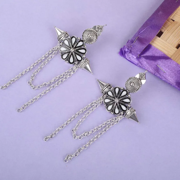 Yellow Chimes Necklaces Yellow Chimes Designer Antique Afghani Kashmiri Style Tribal Lightweight Oxidized Silver Long Chain Dangle Earrings for Women and Girls White