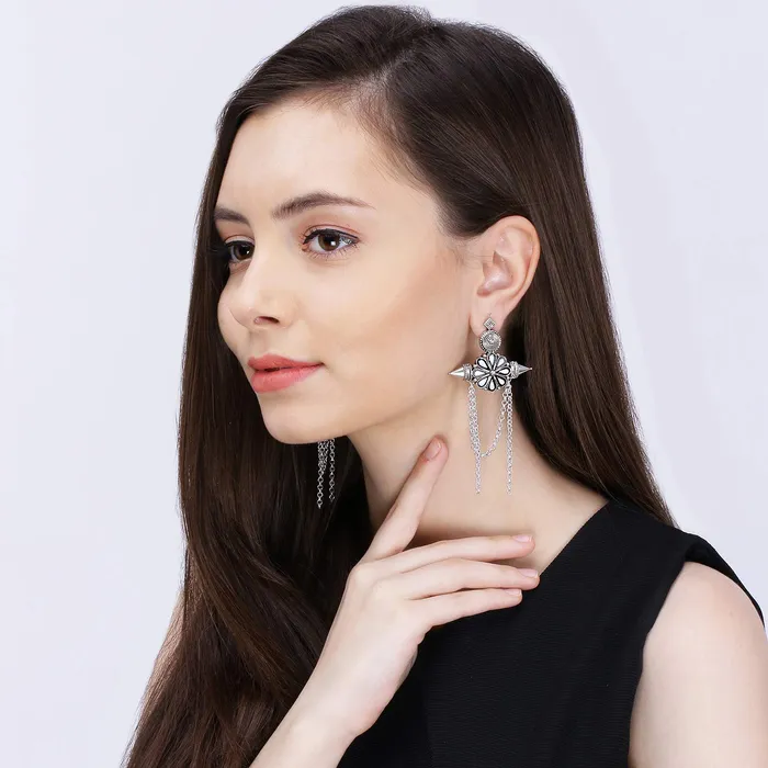 Yellow Chimes Necklaces Yellow Chimes Designer Antique Afghani Kashmiri Style Tribal Lightweight Oxidized Silver Long Chain Dangle Earrings for Women and Girls White