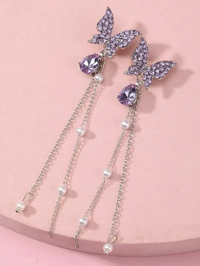 Yellow Chimes Necklaces Yellow Chimes Earrings For Women Silver Tone Purple Crystal Butterfly Lever Back Drop Earrings For Women and Girls