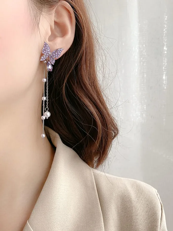 Yellow Chimes Necklaces Yellow Chimes Earrings For Women Silver Tone Purple Crystal Butterfly Lever Back Drop Earrings For Women and Girls