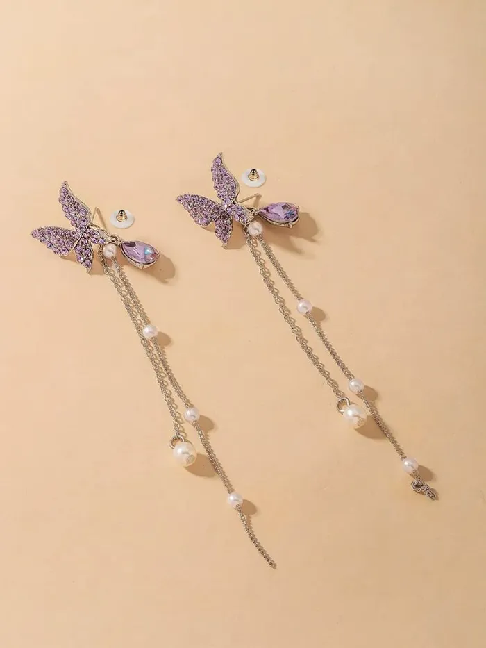 Yellow Chimes Necklaces Yellow Chimes Earrings For Women Silver Tone Purple Crystal Butterfly Lever Back Drop Earrings For Women and Girls