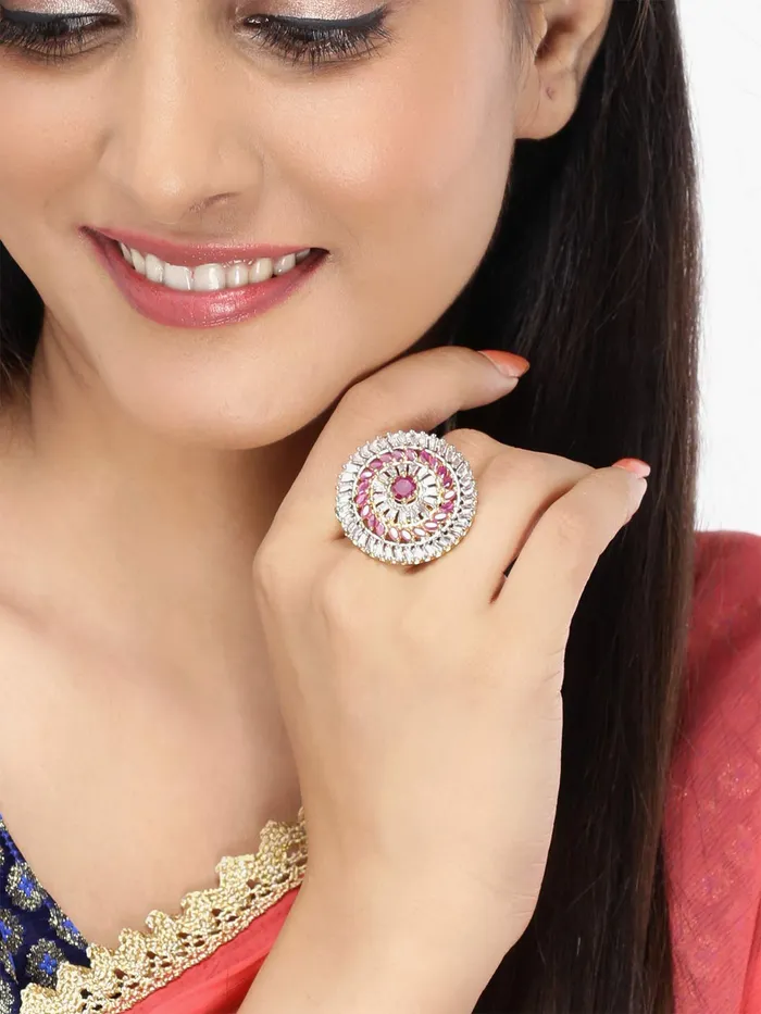 Yellow Chimes Necklaces Yellow Chimes Elagant Sparkling Pink ADAmerican Diamond Studded 18K Gold Plated Ethnic Traditional Designer Adjustable Rings for Women and Girls
