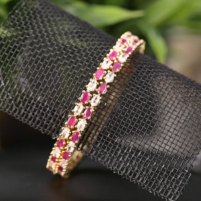 Yellow Chimes Necklaces Yellow Chimes Elegant Pink ADAmerican Diamond Studded 18k Gold Plated Designer Handcrafted 2 PCs Bangles Set for Women Girls 28