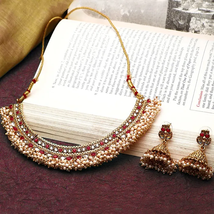 Yellow Chimes Necklaces Yellow Chimes Ethnic Gold Plated Studded Kundan Green Beads Design Jewellery Set Traditional Choker Necklace Set with Earrings and maang Tikka for Women and Girls Design 7