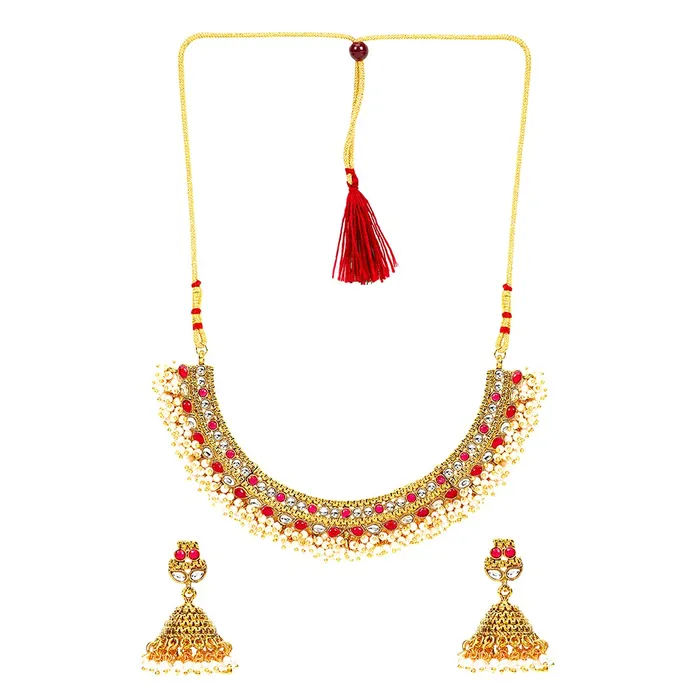 Yellow Chimes Necklaces Yellow Chimes Ethnic Gold Plated Studded Kundan Green Beads Design Jewellery Set Traditional Choker Necklace Set with Earrings and maang Tikka for Women and Girls Design 7
