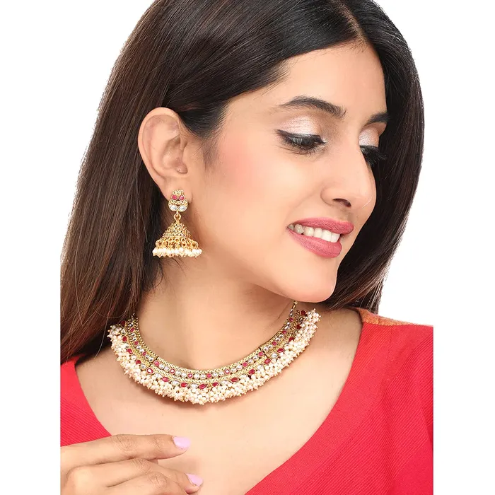 Yellow Chimes Necklaces Yellow Chimes Ethnic Gold Plated Studded Kundan Green Beads Design Jewellery Set Traditional Choker Necklace Set with Earrings and maang Tikka for Women and Girls Design 7
