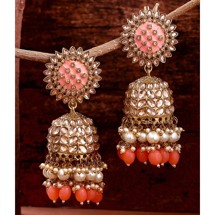 Yellow Chimes Necklaces Yellow Chimes Ethnic Gold Plated Traditional Kundan Studded Peach Meenakari Touch Pearl moti Jhumka Earrings for Women and Girls Gold Peach Medium Model YCTJER88JHKLGPCH