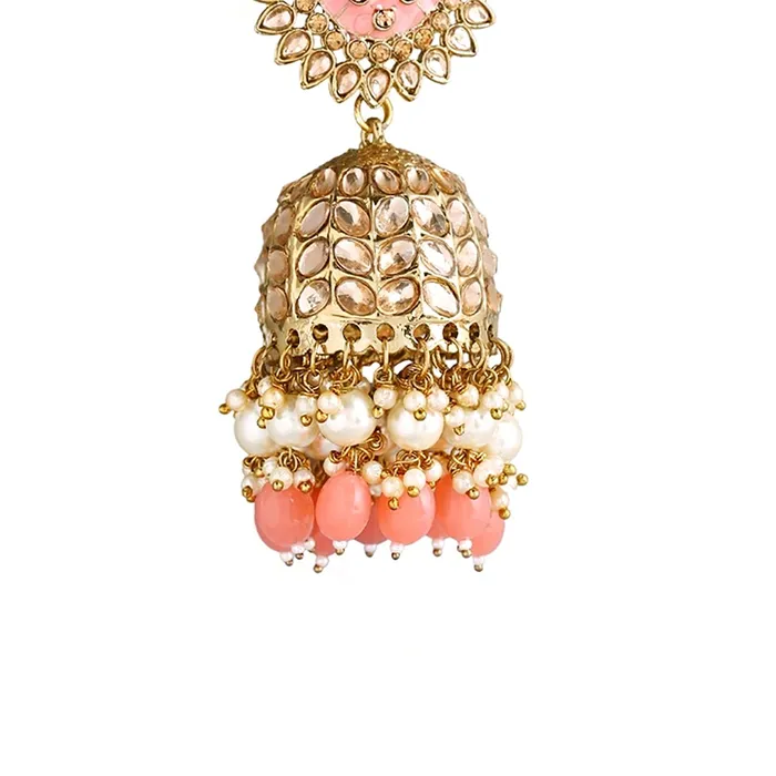 Yellow Chimes Necklaces Yellow Chimes Ethnic Gold Plated Traditional Kundan Studded Peach Meenakari Touch Pearl moti Jhumka Earrings for Women and Girls Gold Peach Medium Model YCTJER88JHKLGPCH