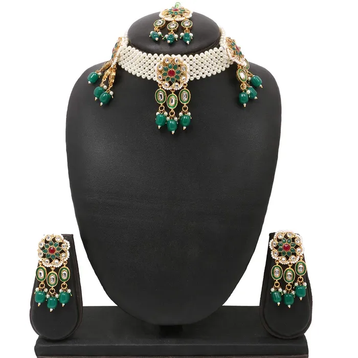 Yellow Chimes Necklaces Yellow Chimes Ethnic Handcrafted Moti Green Jewellery Set Gold Plated Traditional Floral Choker Necklace Set With Maang Tikka for women Girls Green