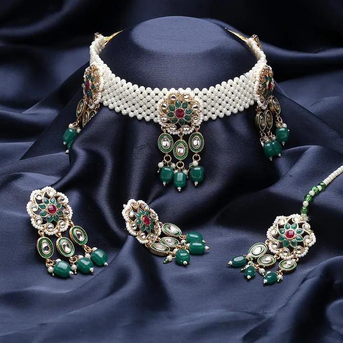 Yellow Chimes Necklaces Yellow Chimes Ethnic Handcrafted Moti Green Jewellery Set Gold Plated Traditional Floral Choker Necklace Set With Maang Tikka for women Girls Green
