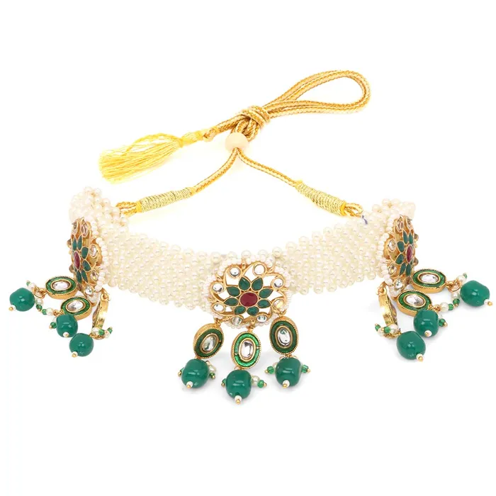 Yellow Chimes Necklaces Yellow Chimes Ethnic Handcrafted Moti Green Jewellery Set Gold Plated Traditional Floral Choker Necklace Set With Maang Tikka for women Girls Green