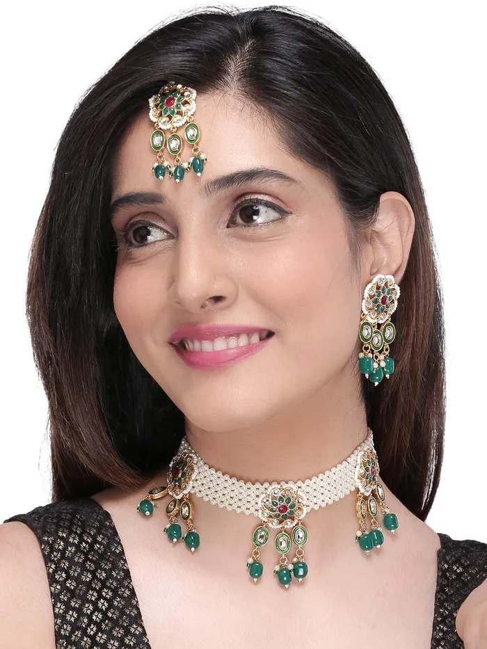 Yellow Chimes Necklaces Yellow Chimes Ethnic Handcrafted Moti Green Jewellery Set Gold Plated Traditional Floral Choker Necklace Set With Maang Tikka for women Girls Green