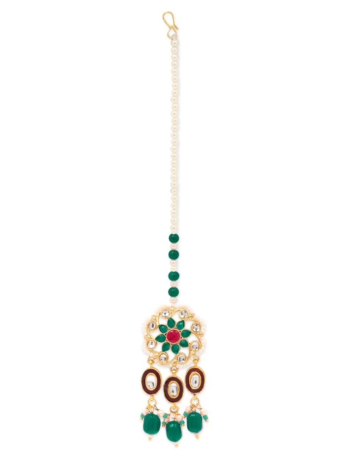 Yellow Chimes Necklaces Yellow Chimes Ethnic Handcrafted Moti Green Jewellery Set Gold Plated Traditional Floral Choker Necklace Set With Maang Tikka for women Girls Green